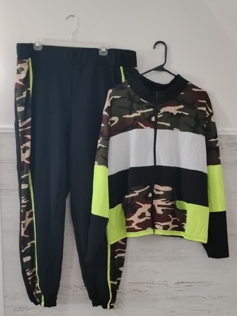 Ashley Stewart Camouflage Track Jacket & Matching Pants with Neon Yellow Accents